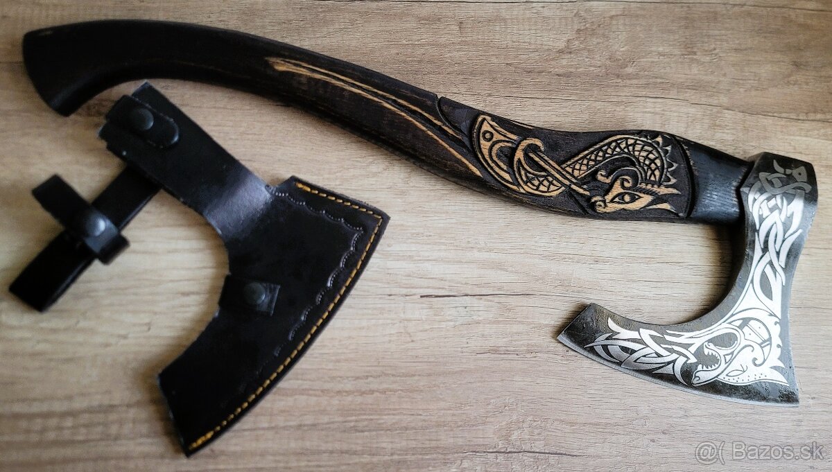 ručně kovaná sekera DRAGON s vyřezávanou rukojetí + pouzdro - 6