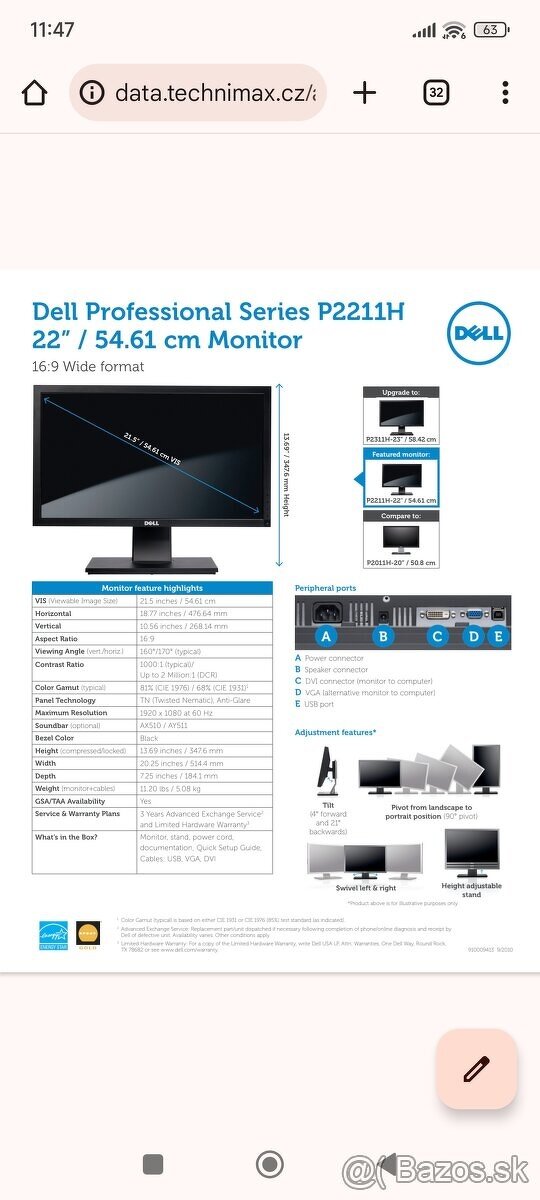 monitor 22' Dell P2211HT 42W19 - 6