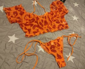 Oranžový komplet set sada leopardí vzor tangá top plavky - 6