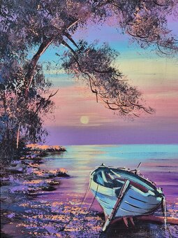 Platno,zatisie na mori s lodkou- olej na platne, Chorvatsko - 6