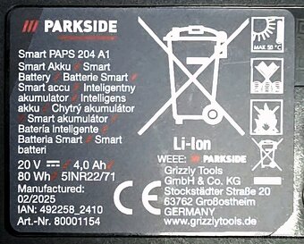 predám novú Smart batériu PARKSIDE 20V 4Ah + nabíjačka 4,5A - 6