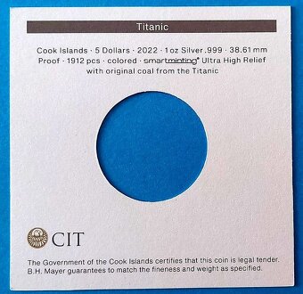 Stříbrná 1 oz mince Titanic 2022 hrudkou uhlí z Titanicu - 6