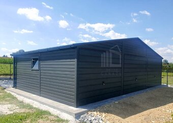 Plechová garáž 9mx6m, sedlová strecha, imitácia dreva - 6