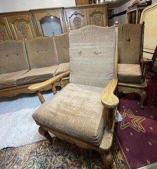 Vintage trojsed + 2ks kreslo, masiv, textilia, set - 6