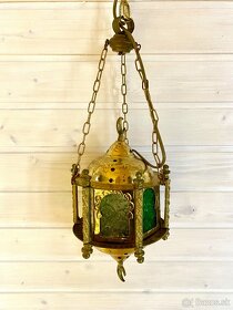 Stará krásná mosazná lampa s různobarevnými skly - 6