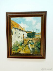 Starý obraz - olejomaľba - Vidiecky dom s mostom - paintings - 6