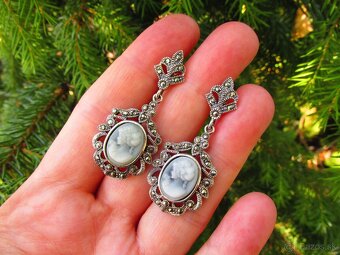 Strieborné náušnice osádzané kameou a markazitmi, Ag 925 - 6