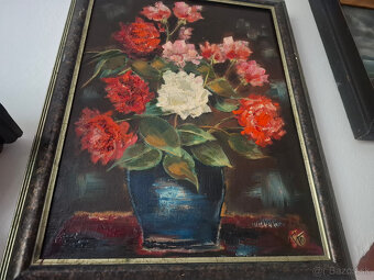 Predám starý obraz olejomalbu na plátne Kytica monogramista - 6