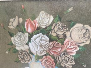 Starožitný maľovaný obraz - kvety - 6