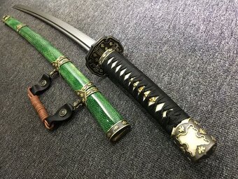 Predám katanu Nihontou, pošva zo zelenej kože, damašková čep - 6