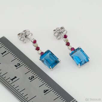 Zlaté náušnice s modrým topásom, rubínmi a diamantmi - 6