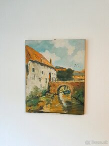Obraz olejomaľba - Vidiecky dom s mostom - rieka - 6