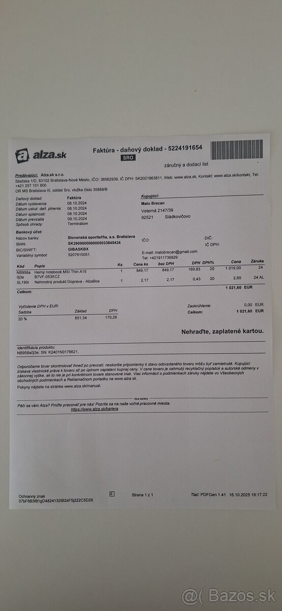 Predám herný MSI Thin A15 v záruke - 7