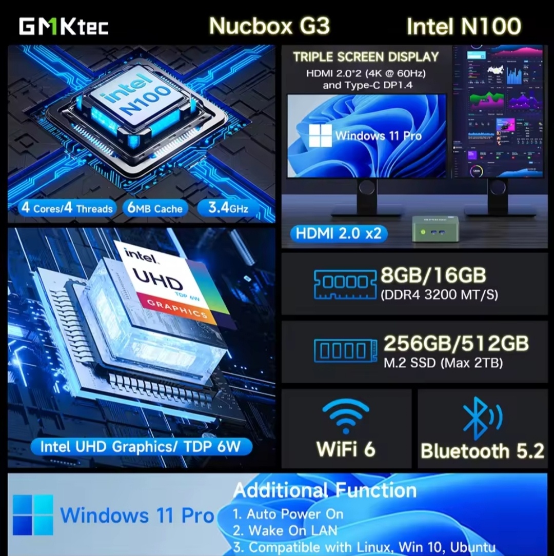 Mini PC GMKtec G3 Intel N100 16GB RAM + 512GB SSD - 7