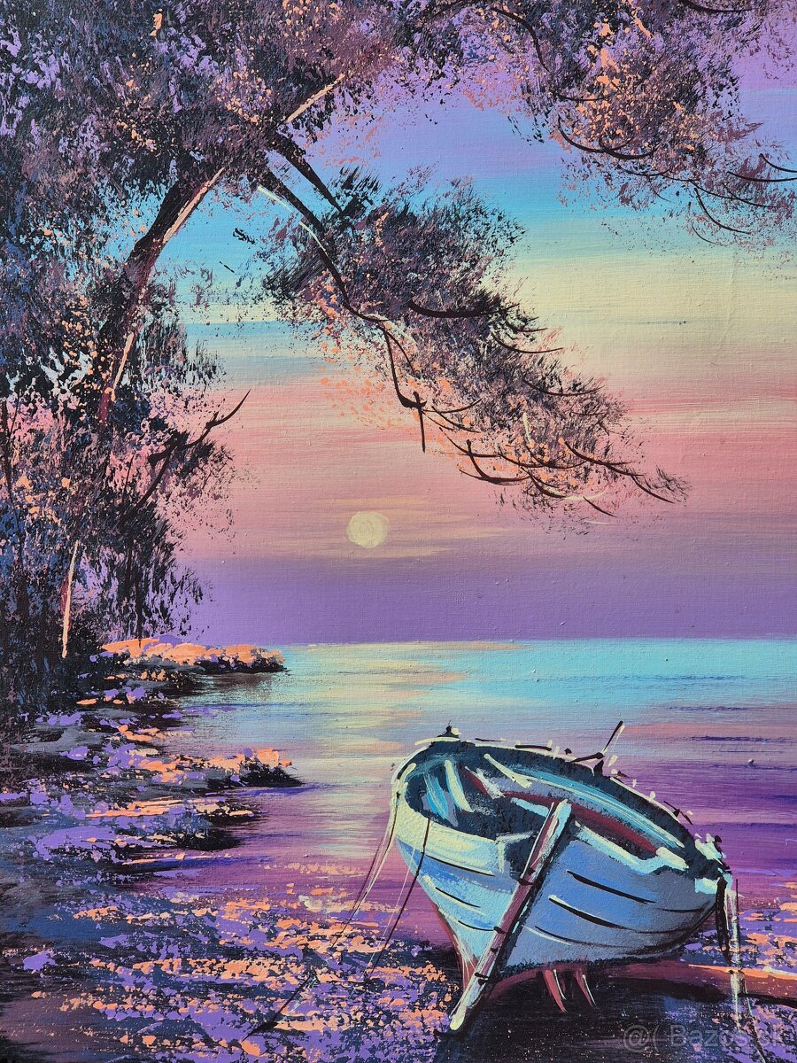 Platno,zatisie na mori s lodkou- olej na platne, Chorvatsko - 7