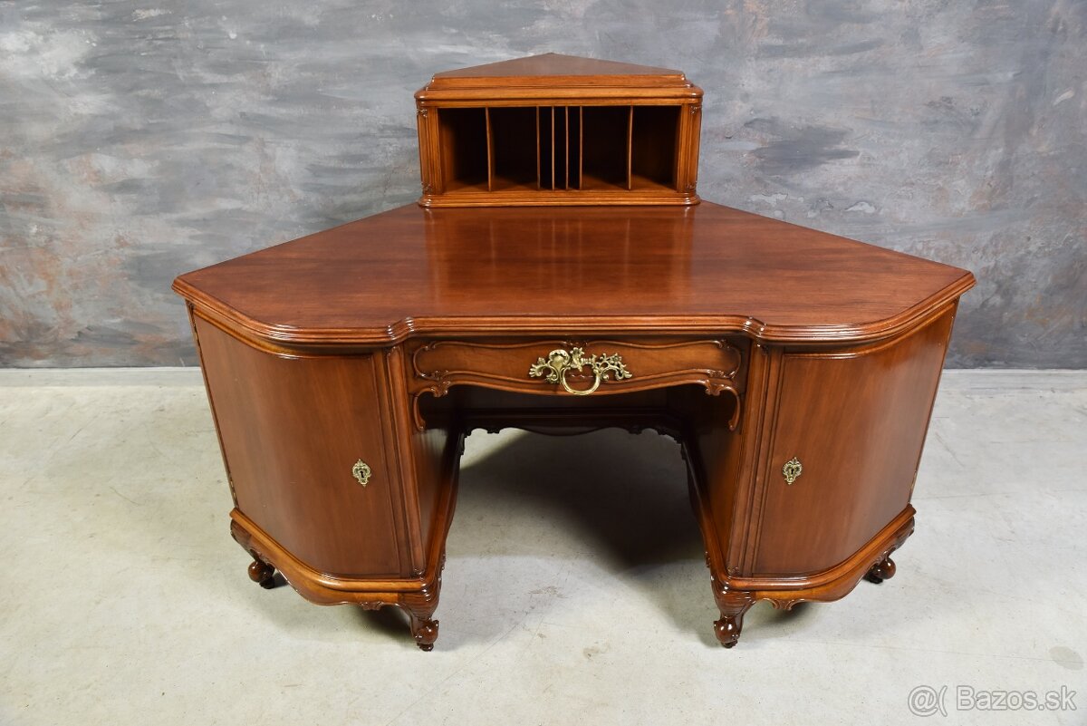 ROHOVÝ PÍSACÍ STÔL – UNIKÁT, MASÍVNY ORECH, PO RENOVÁCII, - 7