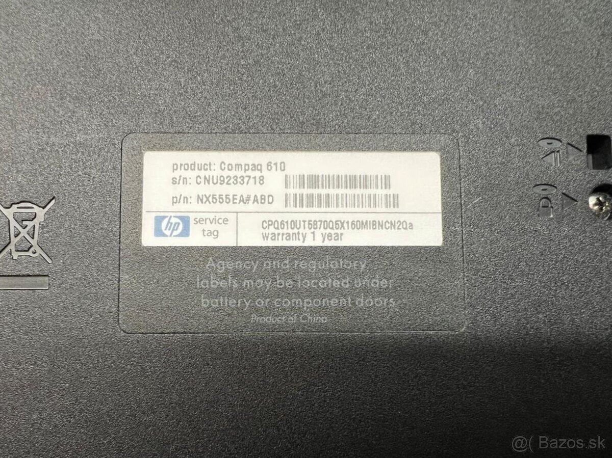 Predám notebook HP 15,6"Compaq 610 na diely alebo opravu - 7