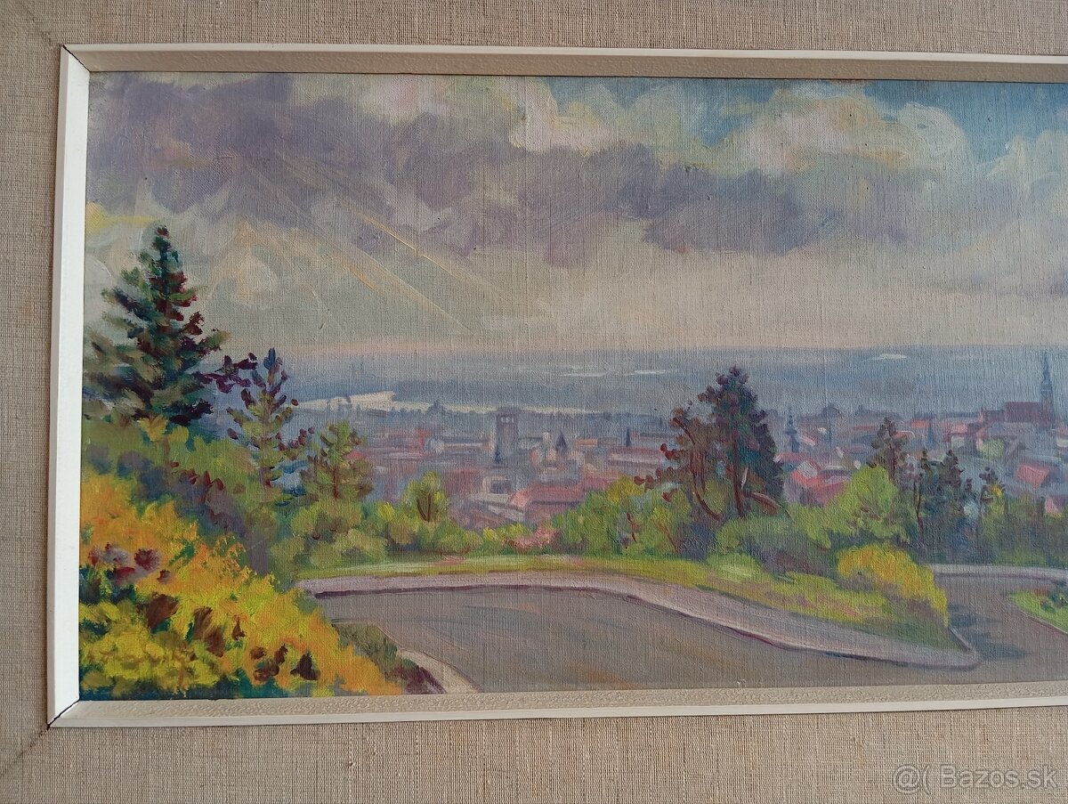 Krásny starý slovenský obraz - Výhľad na Bratislavu 88x48 cm - 7