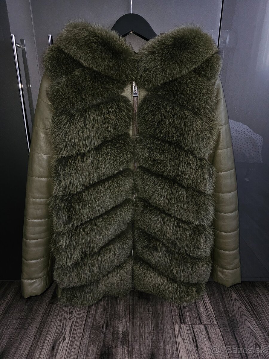 Khaki kožuch z líšky a pravej kože - 7