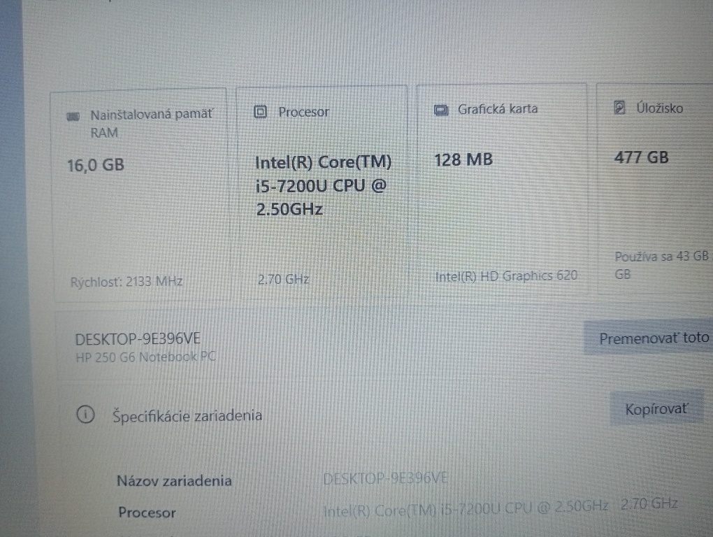 predám Hp 250 g6 / Intel core i5 / 16gb ram / 500gb ssd - 7