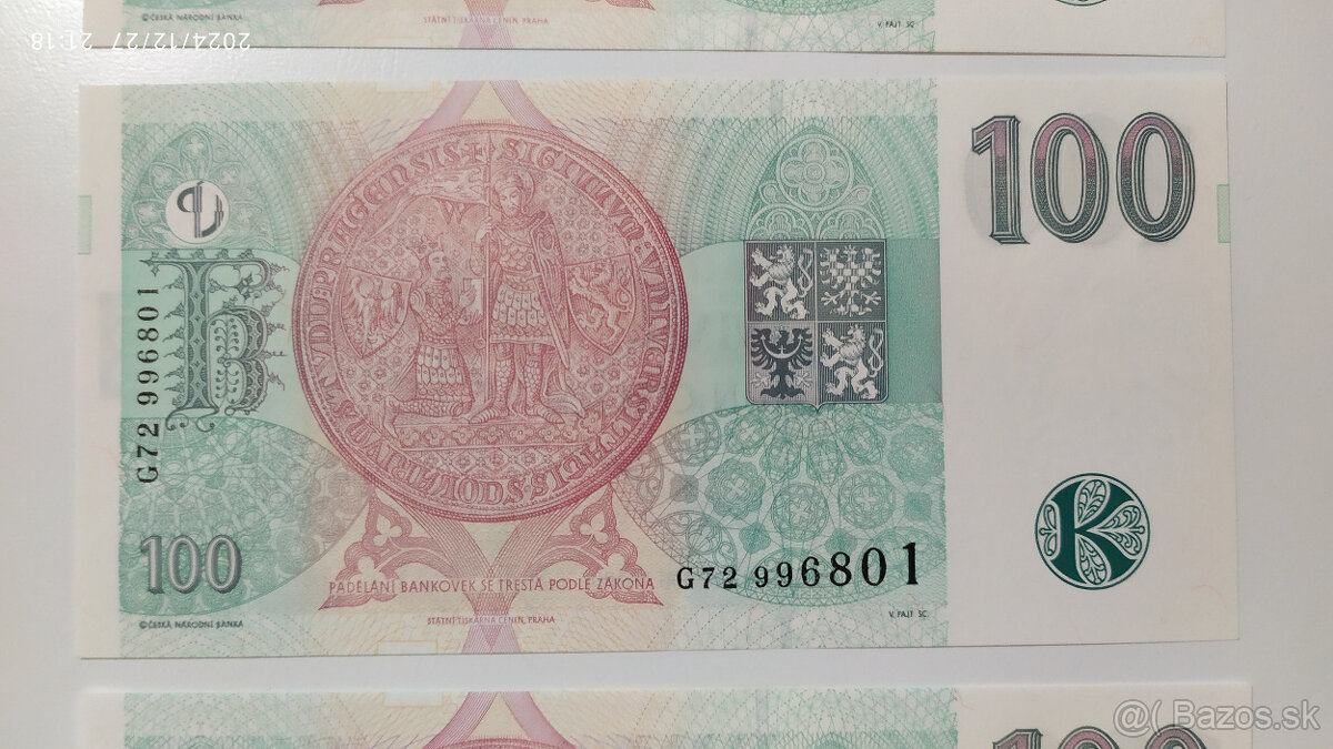 České bankovky 100Kčs 1997 UNC s. F, G a H - 7
