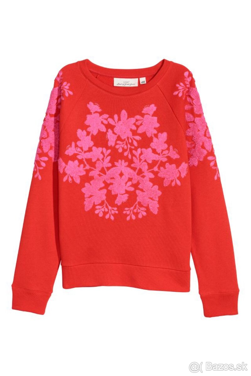 H&M Červená mikina pulóver s nášivkou crewneck XS 34 - 7