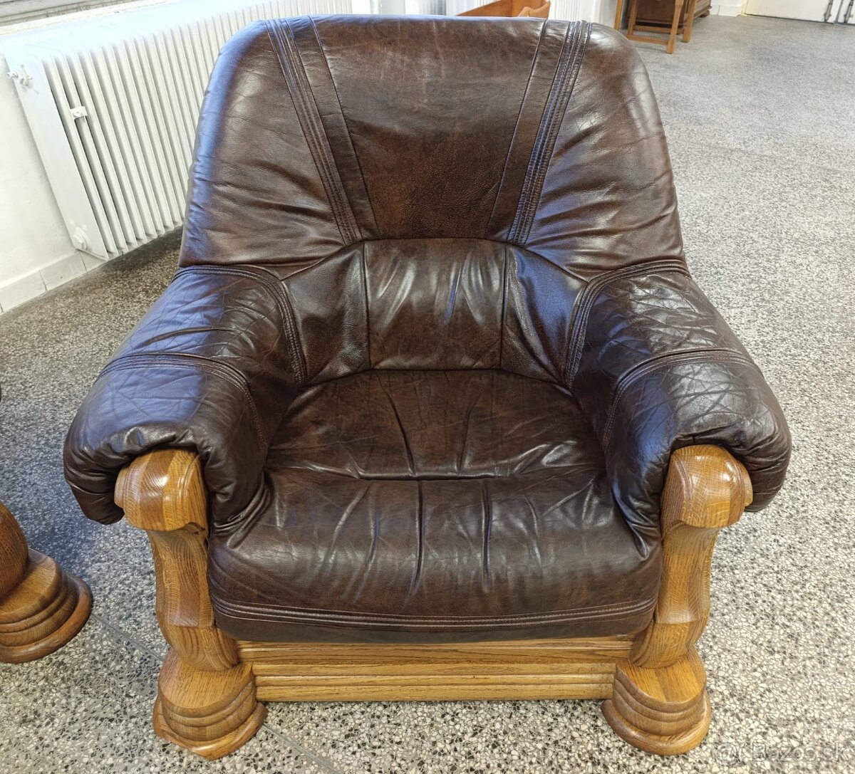 Rustikální kožená sedací souprava, 3+2+1, nábytek z masívu - 7