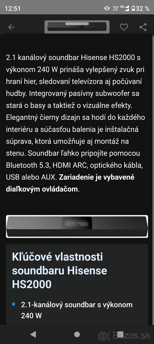 Predám nový soundbar Hisense HS2000 - 7