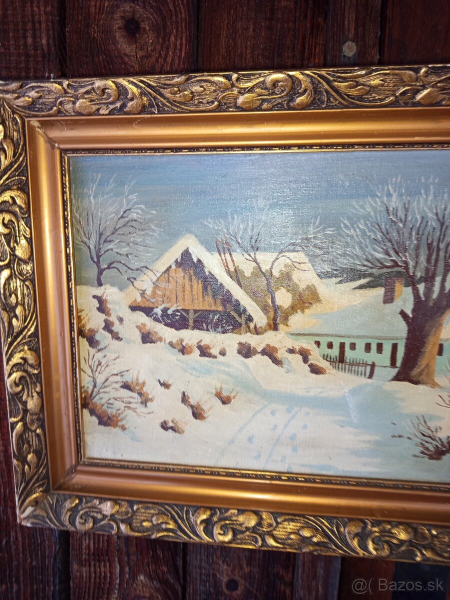 Obraz olejomaľba ,sneh na dedine - 7