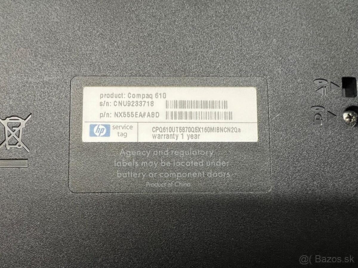 Predám notebook HP 15,6"Compaq 610 na diely alebo opravu - 7