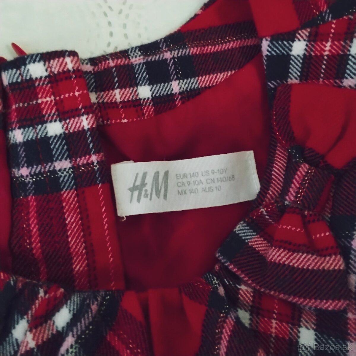 H&M kárované červené trblietavé šaty s mašľou a vreckami,140 - 7