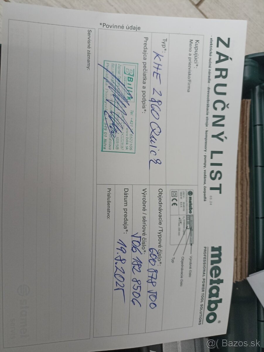 Metabo KHE 2860 Quick, platný záručný list - 7