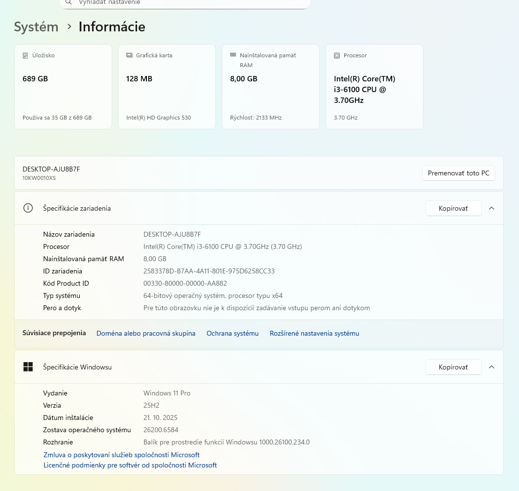 PC zostava Intel I3 3,7Ghz, 8GB RAM, SSD 256, HDD 500 - 7