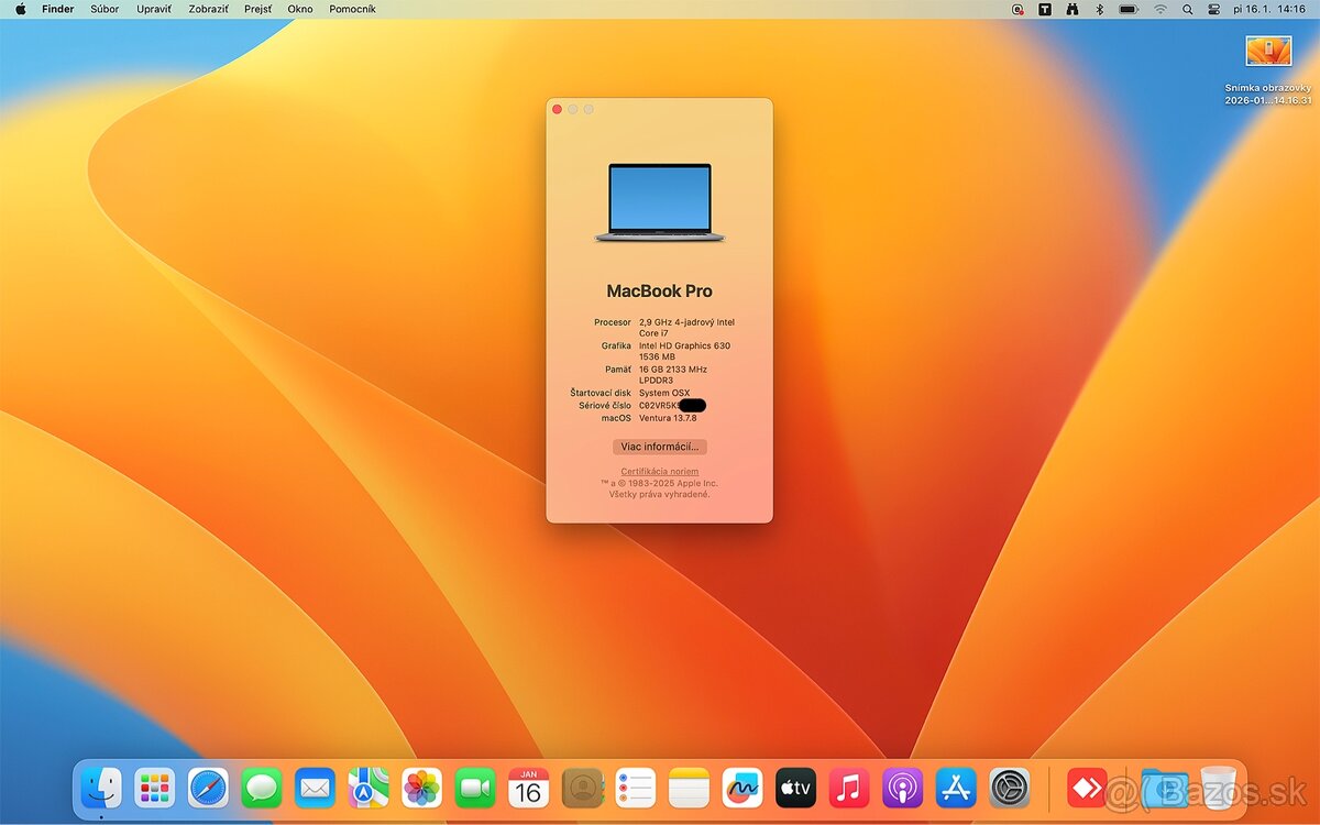 Macbook Pro i7, 15,4” - 16 GB, 512 GB, 2017 - 7