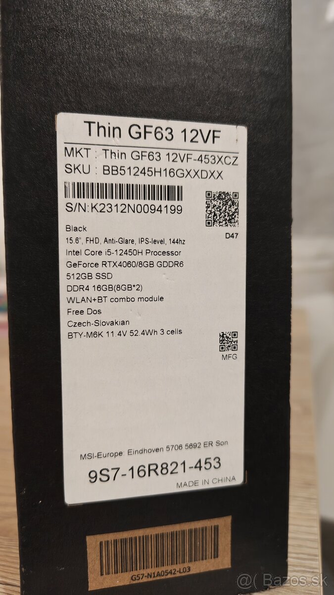 Predám/Vymením Notebook MSI Thin GF63, RTX 4060(8GB) - 7