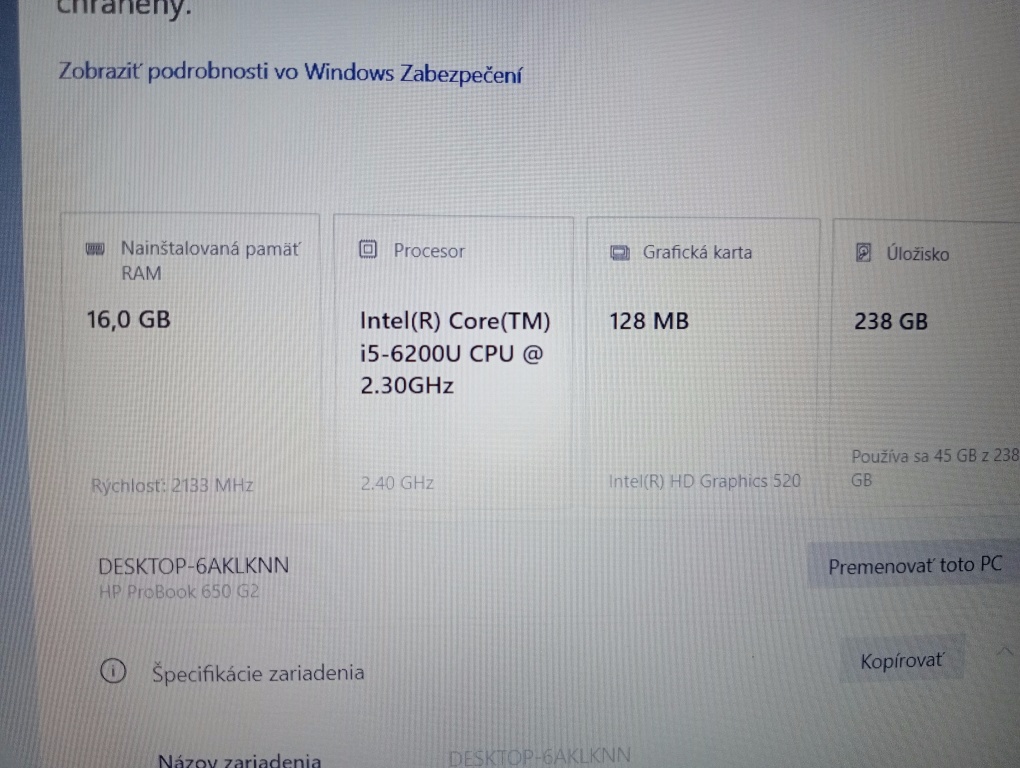 predám Hp probook 650 g2 /Intel core i5 /16gb ram /ssd - 7