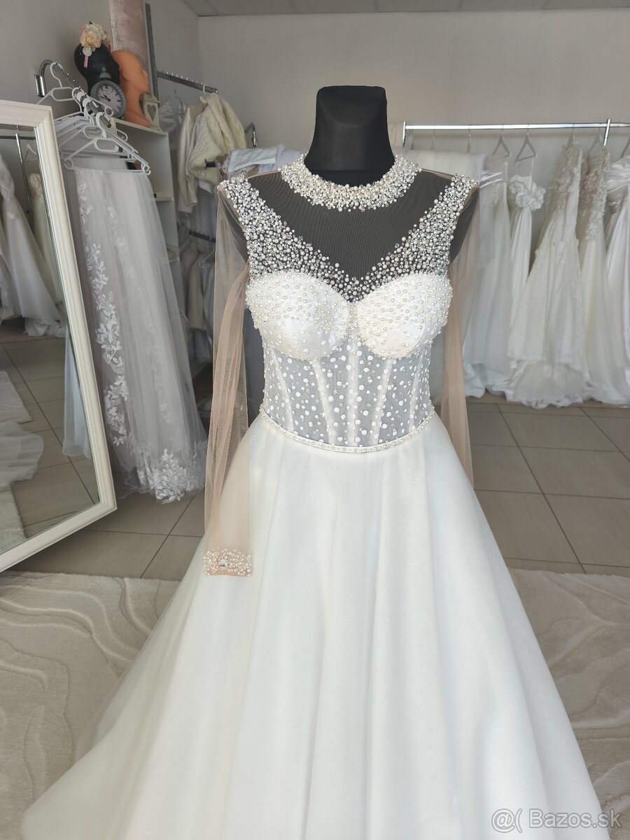 Predám perličkove svadobné šaty s jemné trblietavou sukÚPLNE - 7