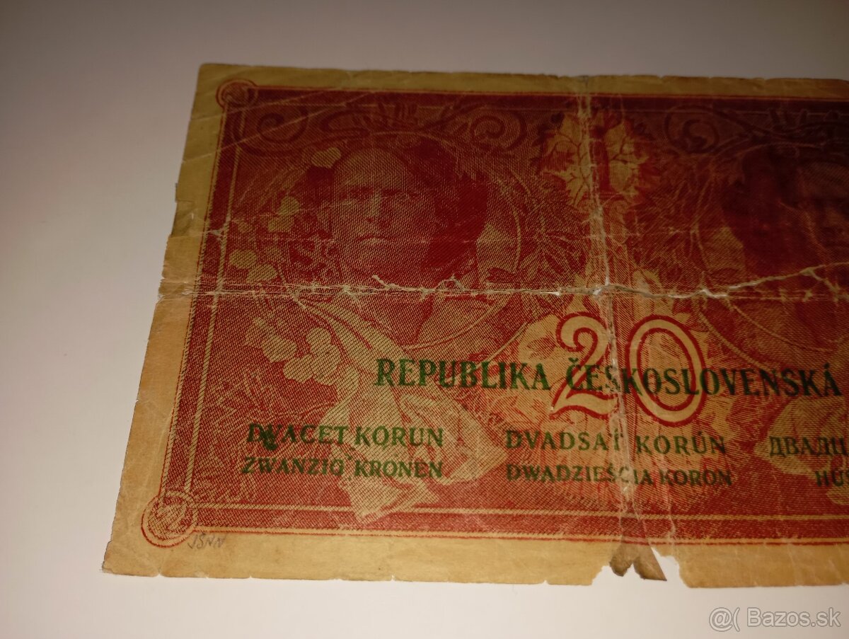 BANKOVKA 20 KČ 1919, VZÁCNÁ SÉRIE U, NEPERFOROVANÁ - 7