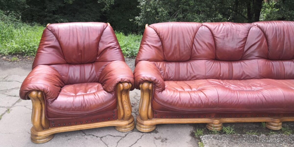 Kožená sedací súprava 3+1+1 s masivnym dubovym drevom - 7