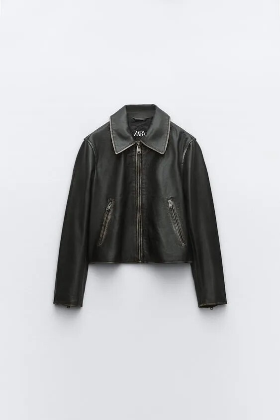 Skrátená kožená bunda ZARA so zničeným efektom. - 7