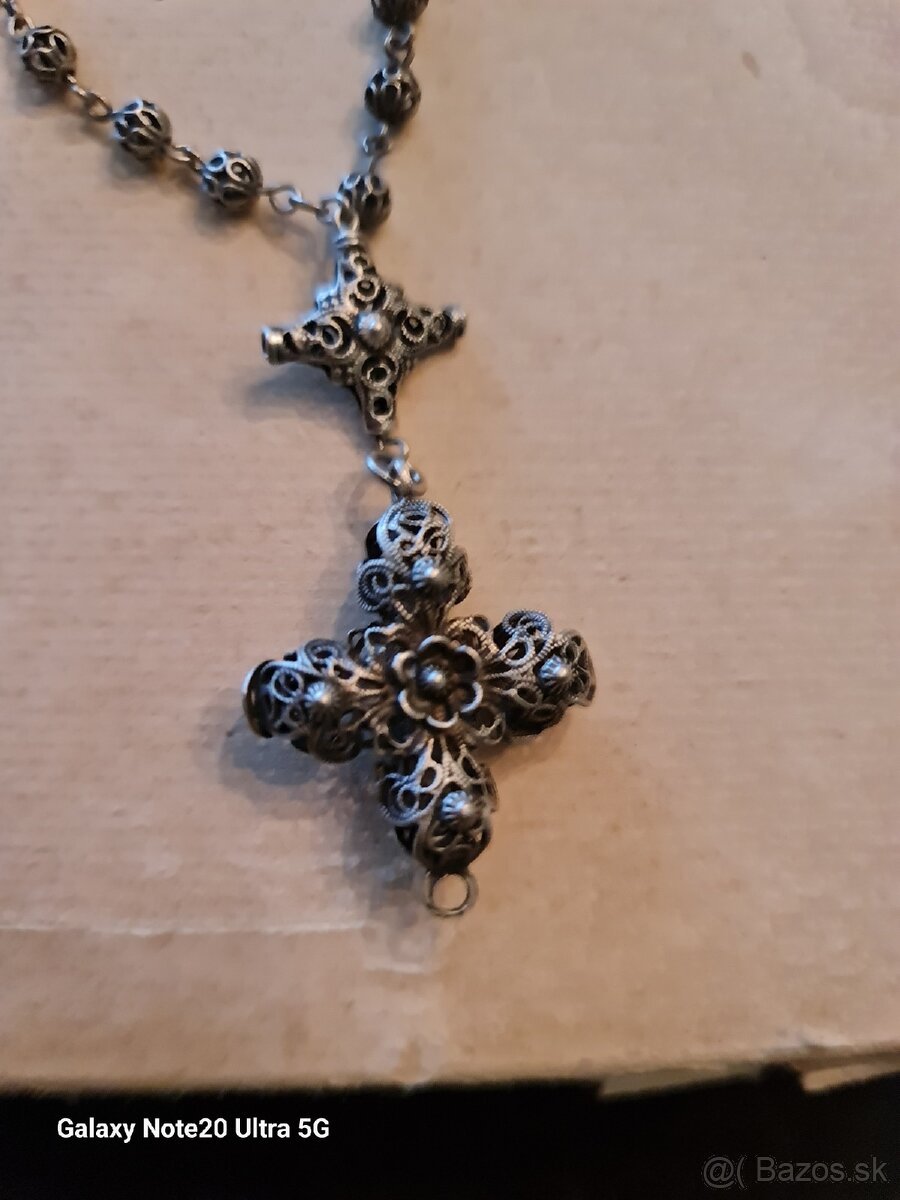 Strieborný stary krasny ruženec filigran - 7