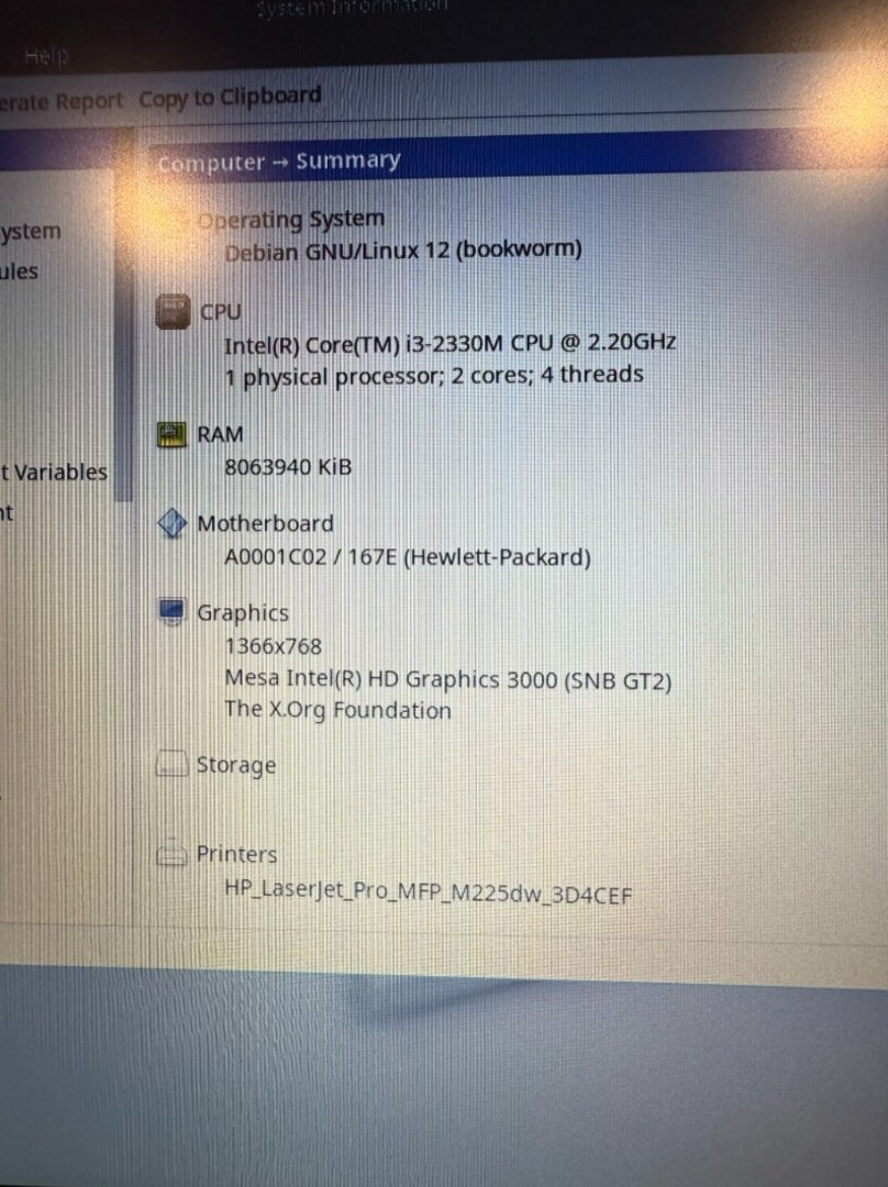 Notebook HP i3-2330M / 8 GB RAM / 250 GB SSD / LINUX MX - 7