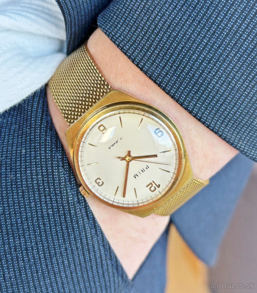 Československé mechanické vintage pánske hodinky PRIM Zlaté - 7