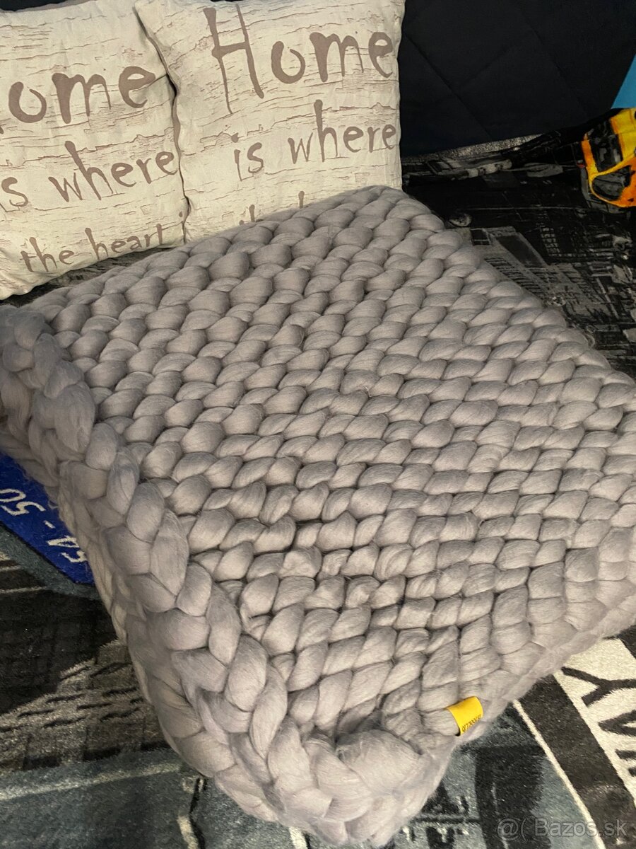 Ručne pletená deka z hrubej vlny – nová, sivá farba - 7