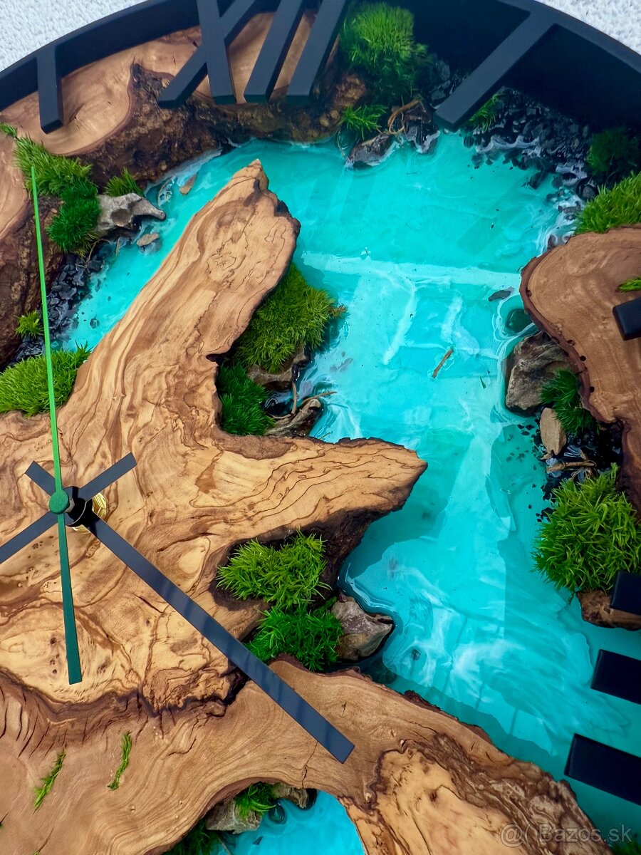 Machove hodiny s olivou a epoxidom 40cm , Epoxidove hodiny - 7