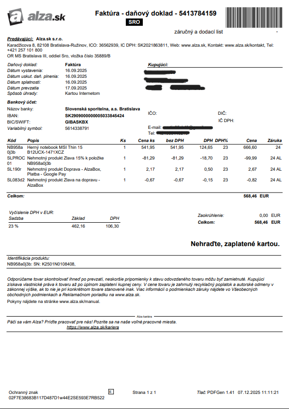 Herný notebook MSI Thin 15 - 7