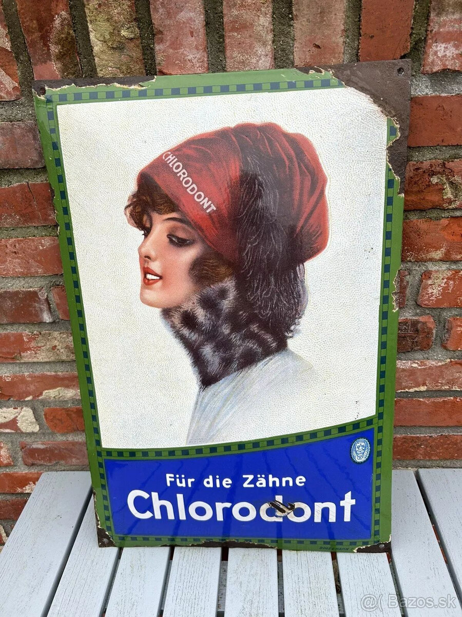 Smaltovaná ceduľa s chlorodontovou ženou, originál okolo rok - 7