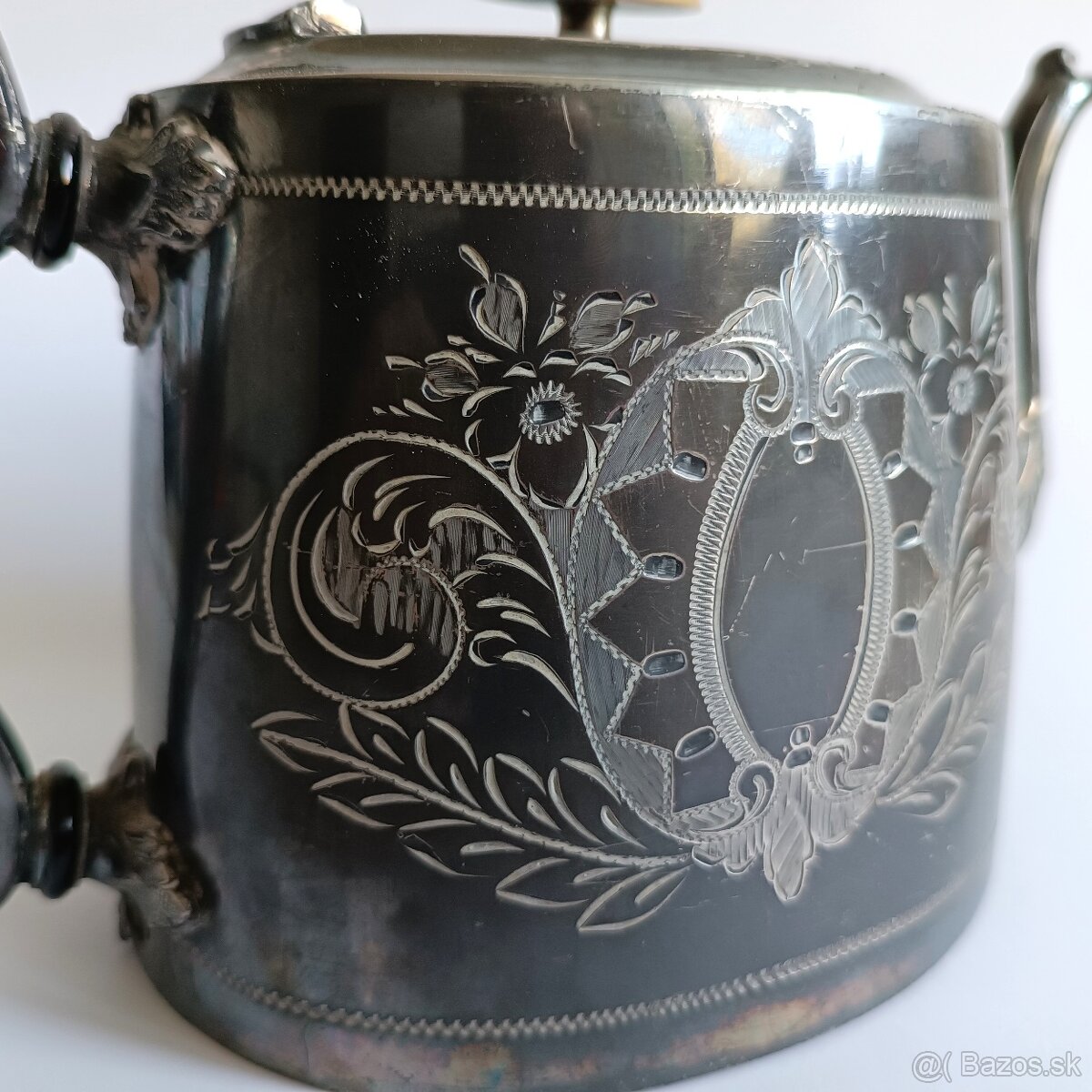 Tradičný postriebrený viktoriánsky čajník s rohovinovou úchy - 7