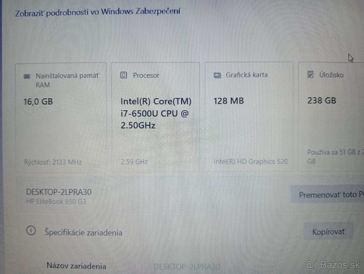 Hp elitebook 850 G3 / 16gb ram / Intel core i7 / 256gb ssd - 7