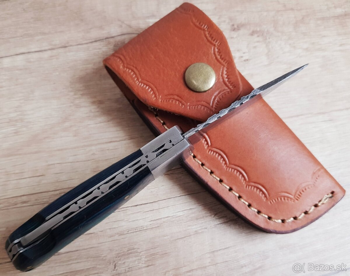 nový modrý Damaškový nôž ručně vyrobeno + kožené pouzdro - 7